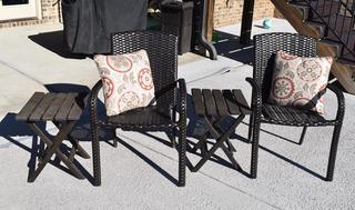 Two All Weather Patio Chairs with Throw Cushions & Plastic Side Tables 